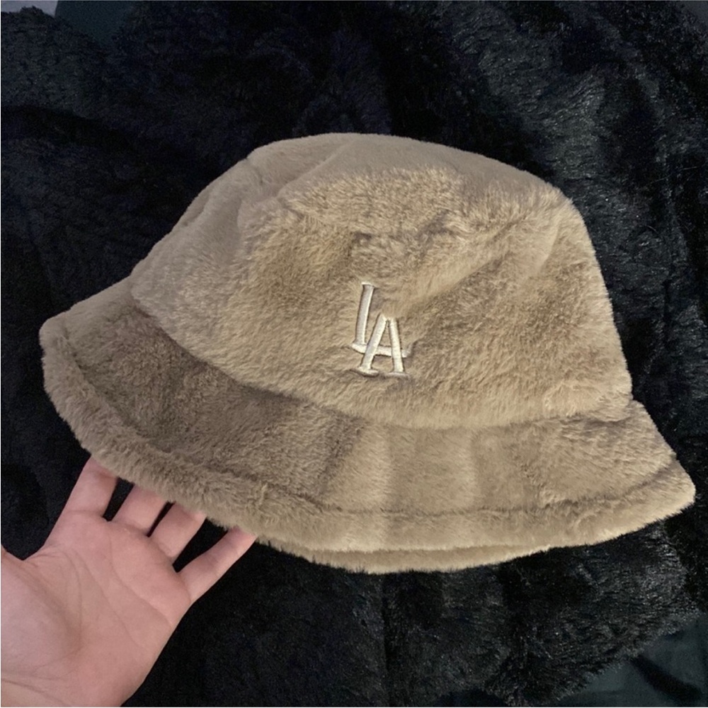 Fuzzy Brown Nude Color LA Bucket Hat with Adjustable Straps